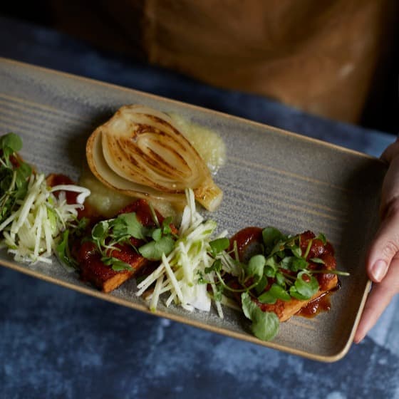 Cover Image for Vegan Tofu with apple puree, watercress and fennel salad recipe