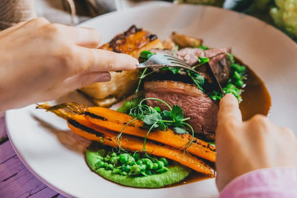 Cover Image for Lamb rump with pea purée, pot-roasted carrots and Dauphinoise potato